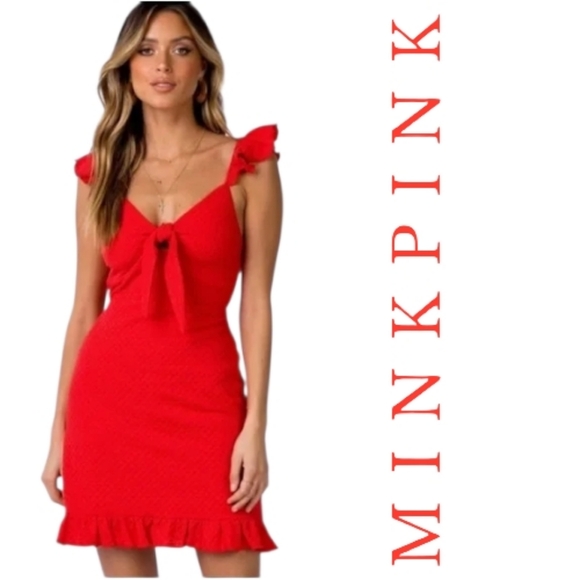 MINKPINK Dresses & Skirts - MINKPINK Laurel Tomato Red Eyelet Sleeveless V-neck Tie Front Mini Dress Size SM